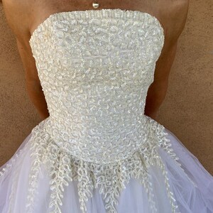 MIKE BENET, vintage 1980s evening dress, shiny white satin sequins prom wedding ball gown