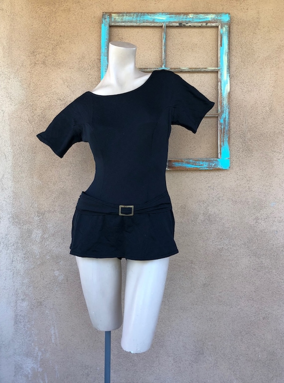 1960s Black Knit Swimsuit with White Trim