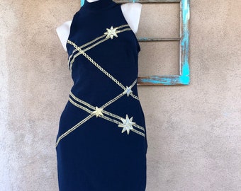 Vintage 1990s Body Con Mini Dress Navy Blue with Stars Sz M