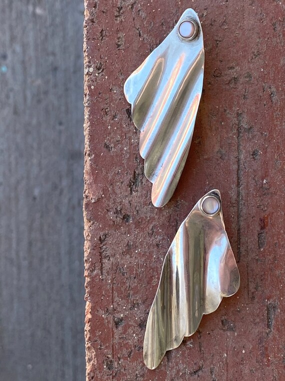 Vintage 1980s Big Silver + Mother of Pearl Earrin… - image 1