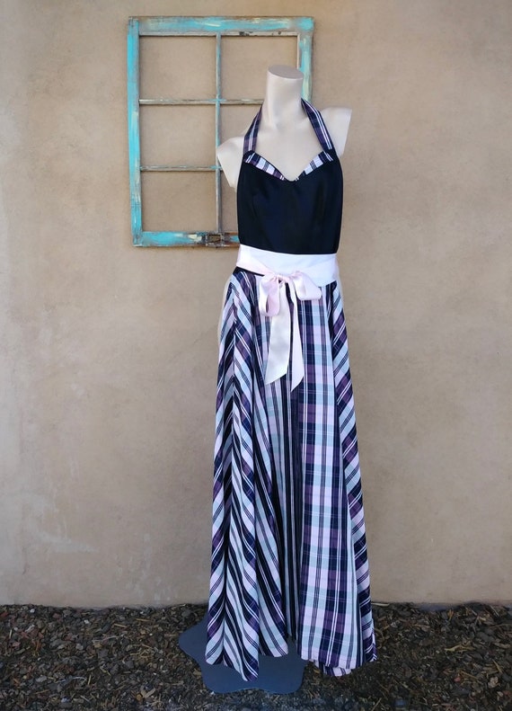 Vintage 1940s Plaid Taffeta Evening Gown Halter Dr