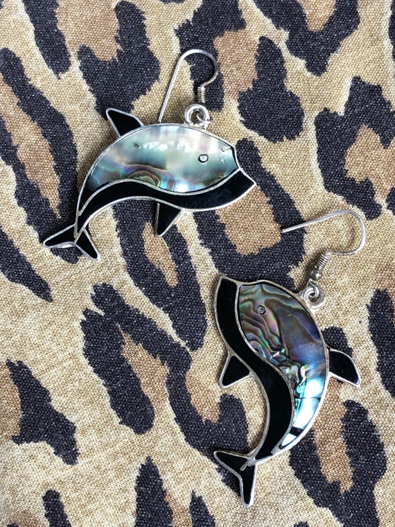 Vintage 1970s Whale Earrings Abalone Onyx Pierced - image 2