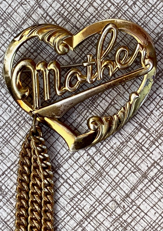 Vintage 1940s Brass Mother Brooch w Tassel