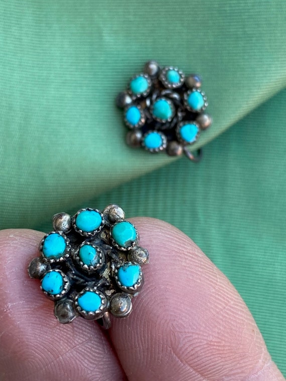 Vintage 1940s Zuni Petit Point Turquoise Earrings… - image 3