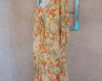 Vintage 1920s Silk Chiffon Tea Dress Floral 3 PC Sz S