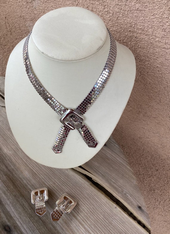 Vintage 1980s Silver Mesh Buckle Necklace + Earrin