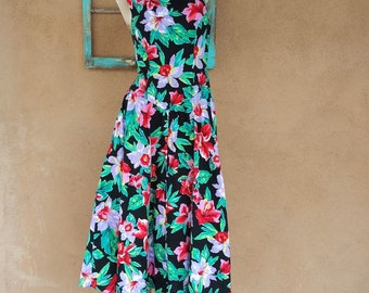 Vintage 1980s Hawaiian Floral Dress Criss Cross Straps Sz M
