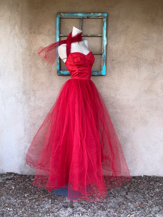 Vintage 1950s Red Tulle Party Dress Formal Gown S… - image 3