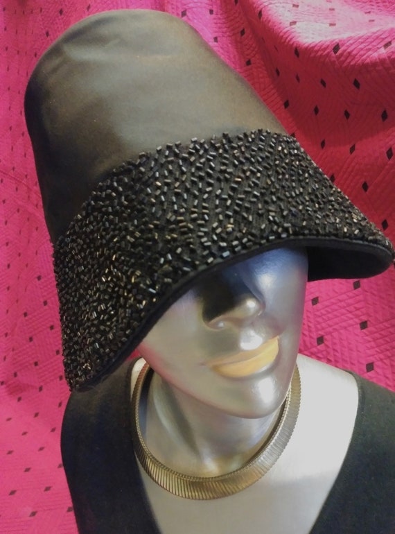 Vintage 1950s Black Satin Bucket Hat OS - image 1