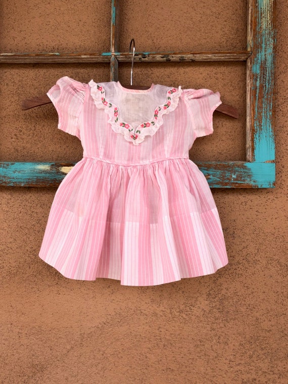 Vintage 1960s Baby Girls Dress Pink Striped 1T