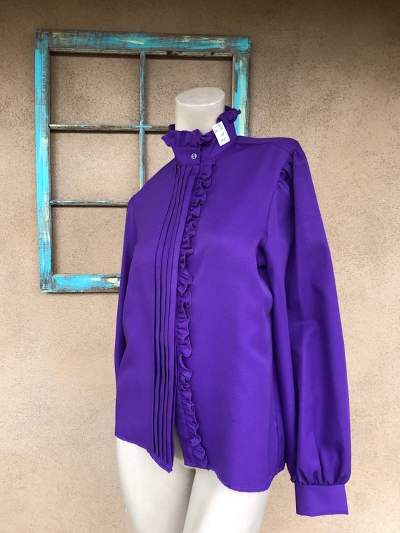 Vintage 1980s Purple Polyester Blouse 1940s Style… - image 2