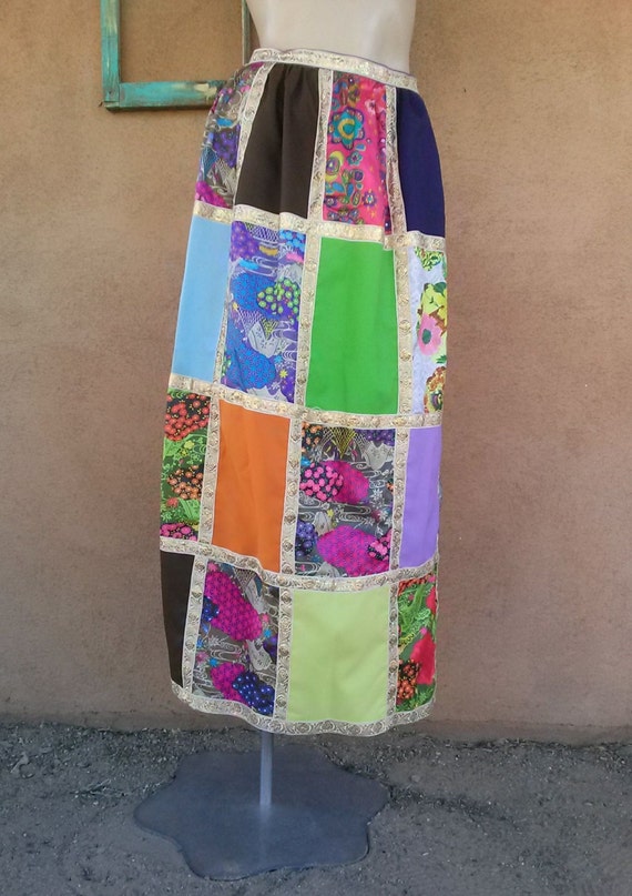 Vintage 1970s Maxi Hippie Patchwork Skirt Sz S W24