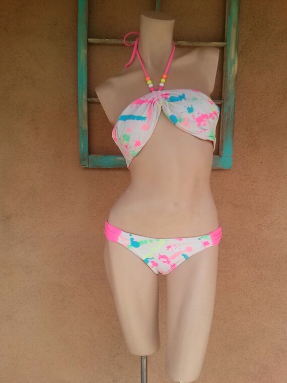 Vintage 1980s Swimsuit Bikini Neon Grafitti Splatt