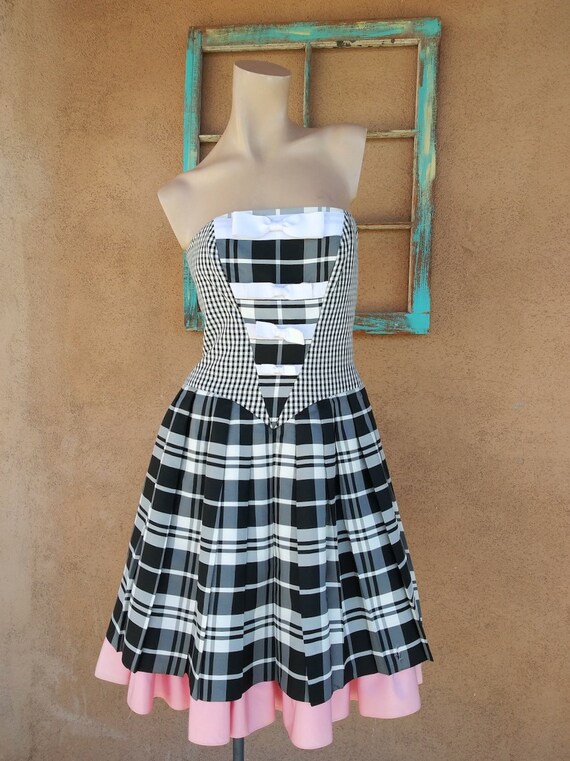 Vintage 1980s Plaid Strapless Party Dress Victor C