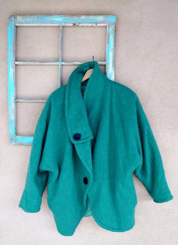 Vintage 1980s Wool Blanket Coat Emerald Green Sz … - image 6