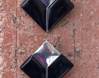 Vintage 1980s Modernist Silver Onyx Earrings Pierced