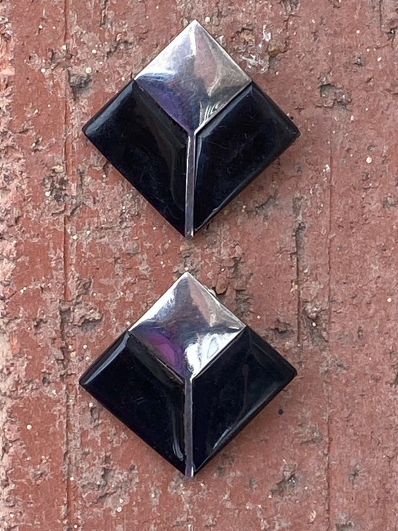 Vintage 1980s Modernist Silver Onyx Earrings Pierc