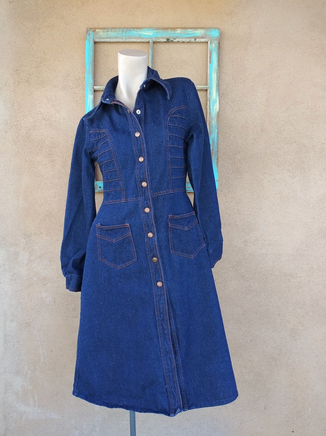 Vintage 1970s Denim Coat Dress Snaps Topstitching Sz S - Etsy