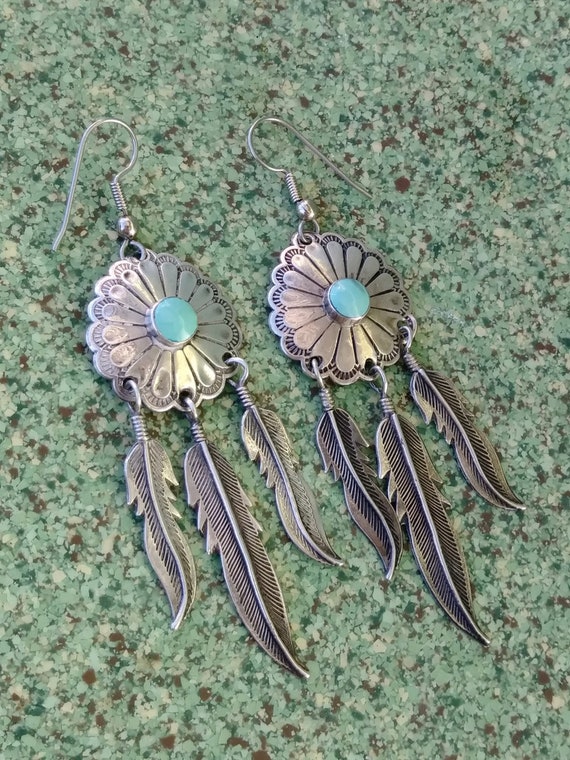 Vintage 1970s Silver Turquoise Feather Earrings N… - image 3