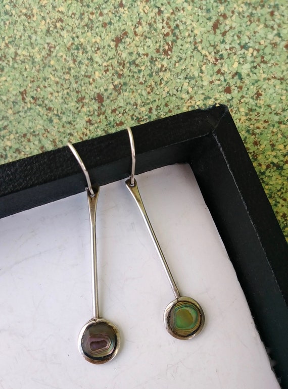 Vintage 1970s  Abalone Silver Earrings Dangle Drop