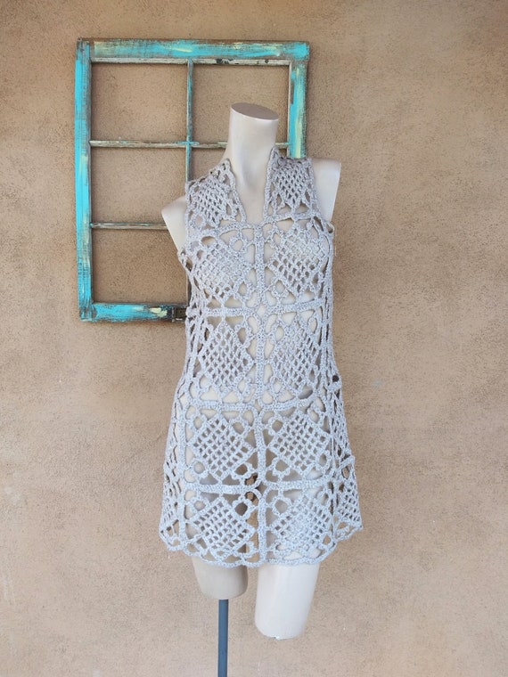 Vintage 1970s Crochet Granny Square Mini Dress Sz