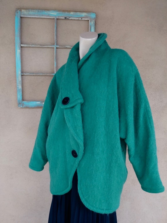 Vintage 1980s Wool Blanket Coat Emerald Green Sz … - image 4