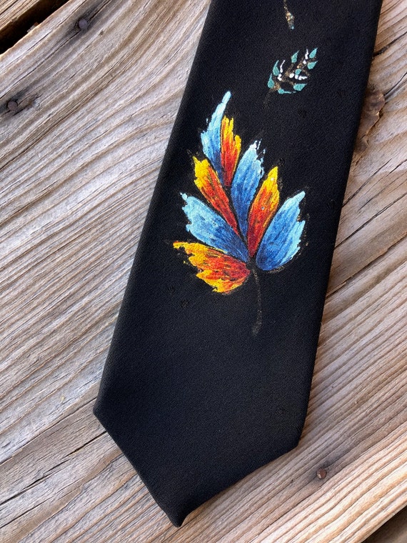 Vintage 1950s Hand Painted Necktie Black Silk Cre… - image 3