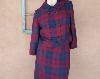 Vintage 1960s Wool Suit Shadow Plaid Sz S W24