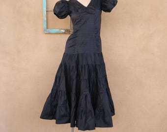 Vintage 1930s Black Taffeta Evening Gown 30s Dress Sz XS US 0 2