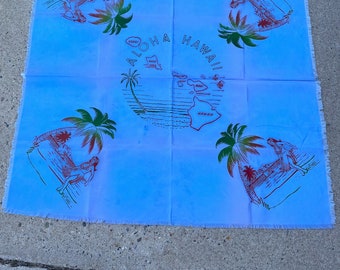 Vintage 1940s Hand Painted Silk Rayon Hawaiian Tablecloth Oversized Scarf Tourist Souvenir  49.5 x 39.25"