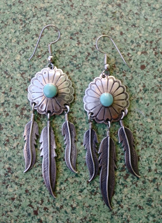 Vintage 1970s Silver Turquoise Feather Earrings N… - image 1