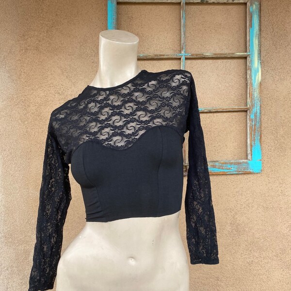 Vintage 1980s Black Lace Crop Top Sz S