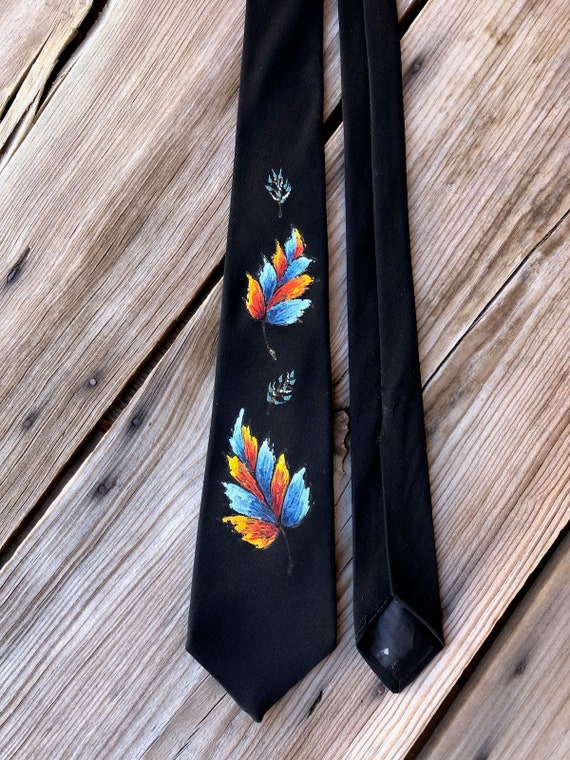 Vintage 1950s Hand Painted Necktie Black Silk Cre… - image 2