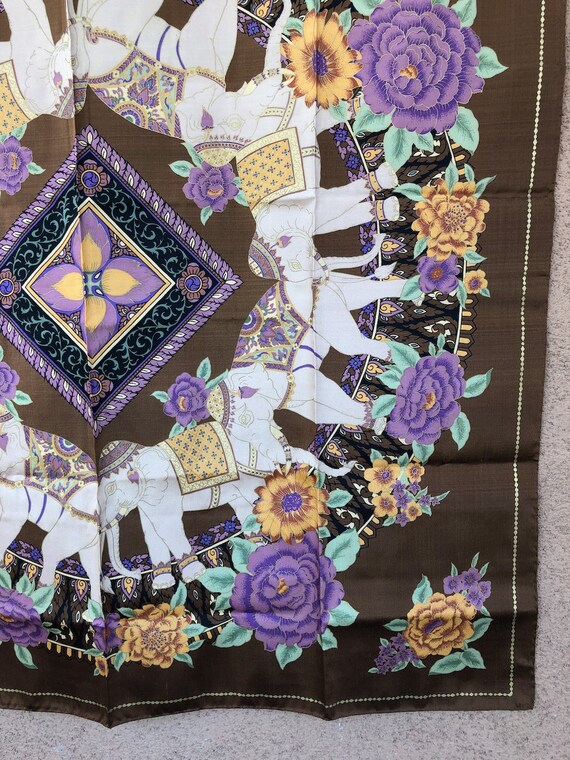 Vintage 1990s Thai Silk Scarf Elephants 34 x 35.5" - image 8