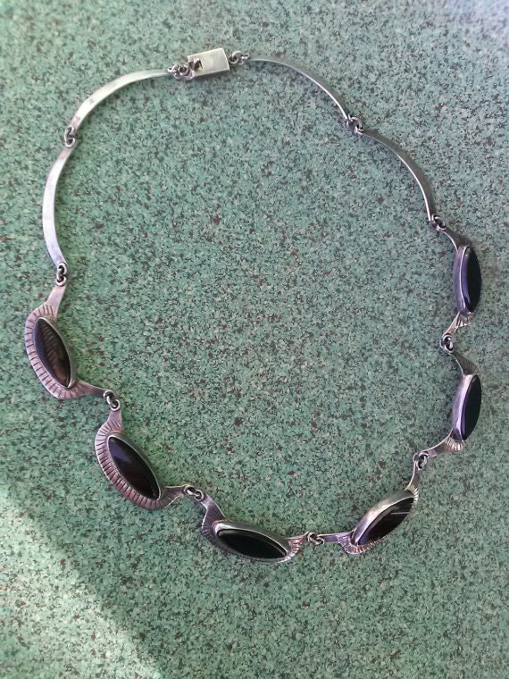 Vintage 1970s Onyx Silver Necklace Taxco Mexican … - image 1