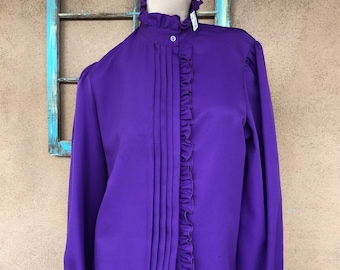 Vintage 1980s Purple Polyester Blouse 1940s Style Sz S M