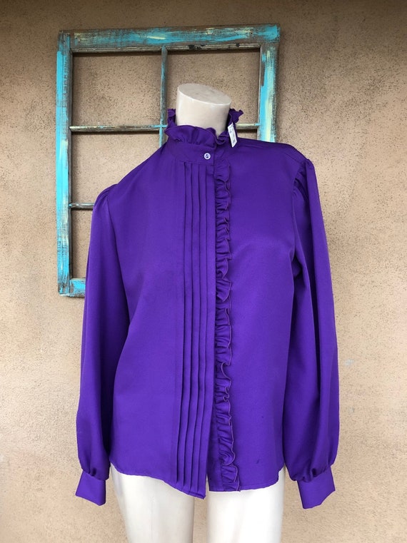 Vintage 1980s Purple Polyester Blouse 1940s Style… - image 1