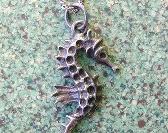 Vintage 1990s Silver Seahorse Necklace Cast OOAK 16 Inches