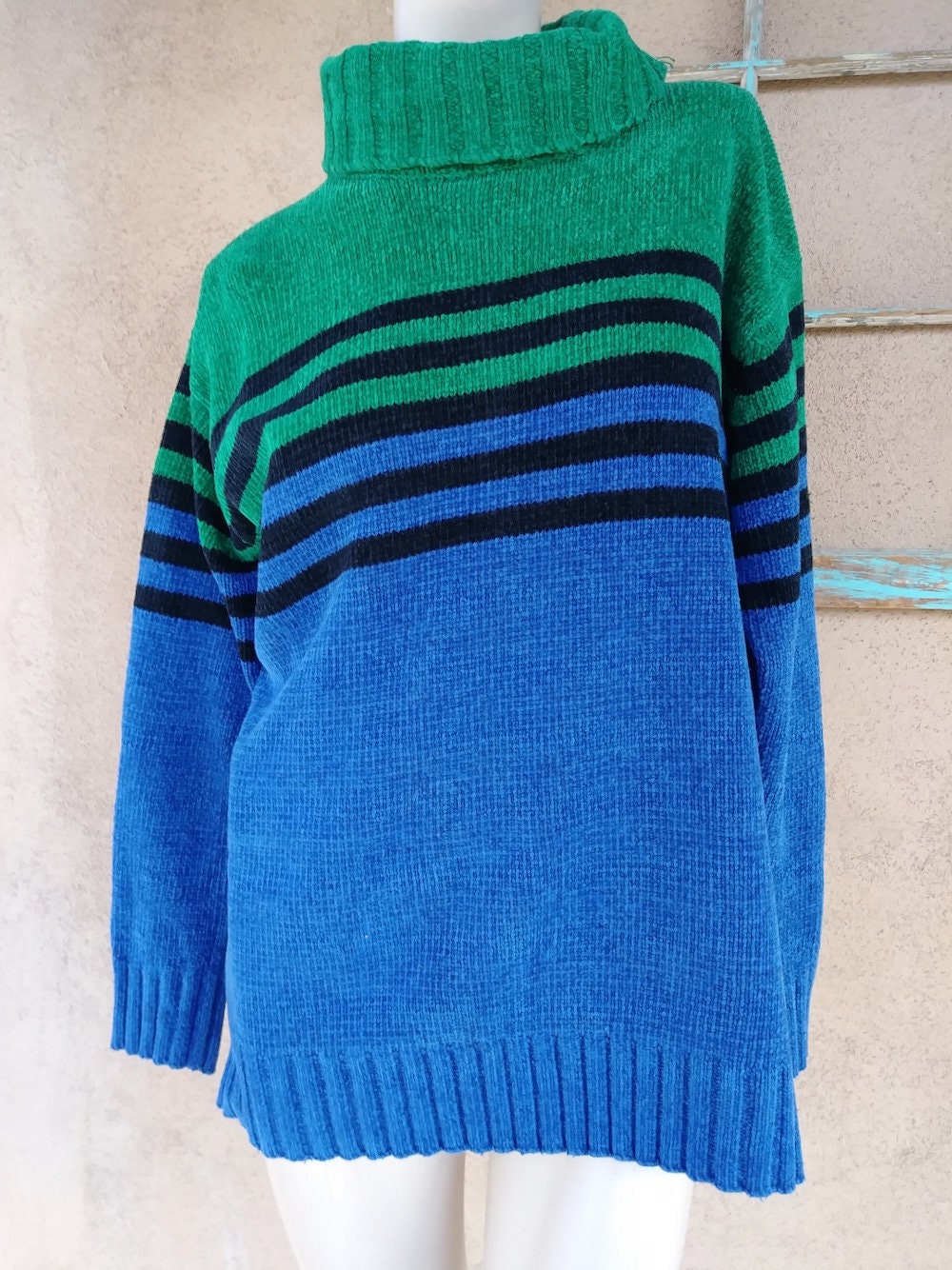 Vintage 1990s Chenille Sweater Striped Oversized Unisex Sz L | Etsy