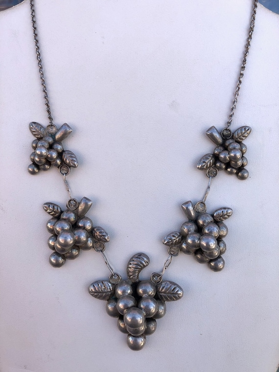 Vintage 1940s Silver Charm Necklace Grape Cluster… - image 1