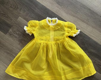Vintage 1960s Yellow Dotted Swiss Baby Dress 2T Toddler