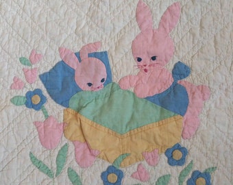 Vintage 1950s Quilt Baby Blanket Mama and Baby Bunny 43 x 61.5"