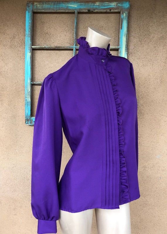 Vintage 1980s Purple Polyester Blouse 1940s Style… - image 4