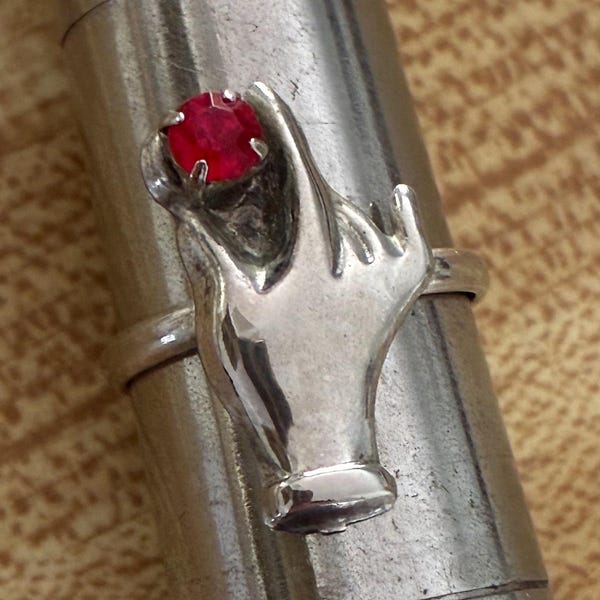 Vintage zilveren handring uit de jaren 1950 met granaat, maat 6