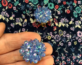Vintage 1960s Periwinkle Blue Crystal Earrings Clip on