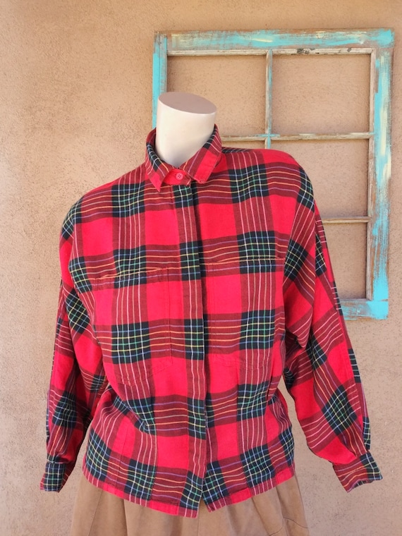 Vintage 1980s Red Plaid Flannel Shirt Cotton Blou… - image 1