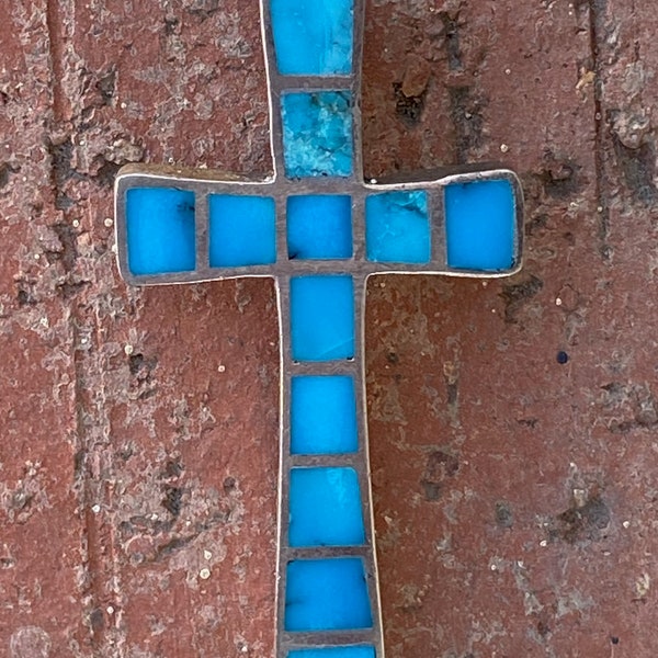 Vintage 1980s Turquoise + Silver Cross Zuni Inlay 18 Inches