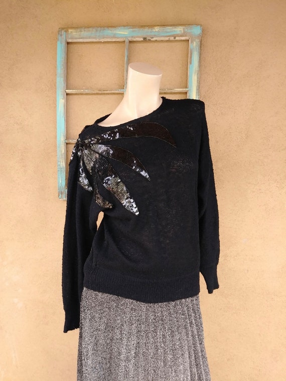 Vintage 1980s Black Sweater Sequin Shoulder Campus