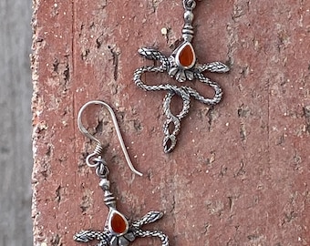 Vintage 1970s Silver Dangle Earrings Coiled Snakes + Carnelian Pierced