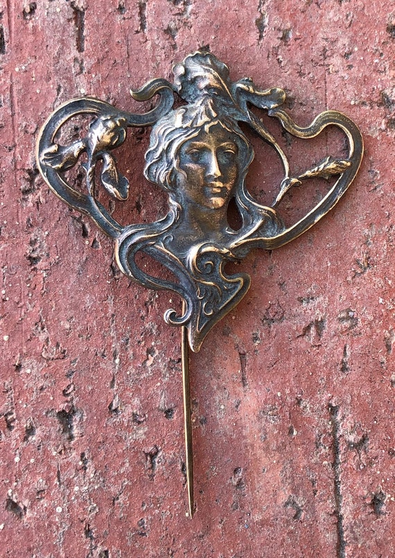 Vintage 1900s Brass Art Nouveau Stick Pin Sarah Be